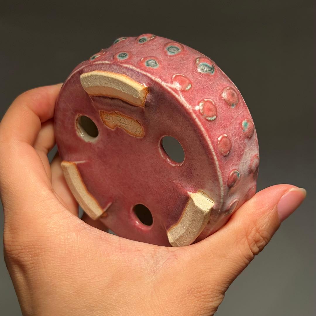 571.秋直 窯変辰砂釉鼓釘丸 盆栽鉢 植木鉢 9.8*3cm