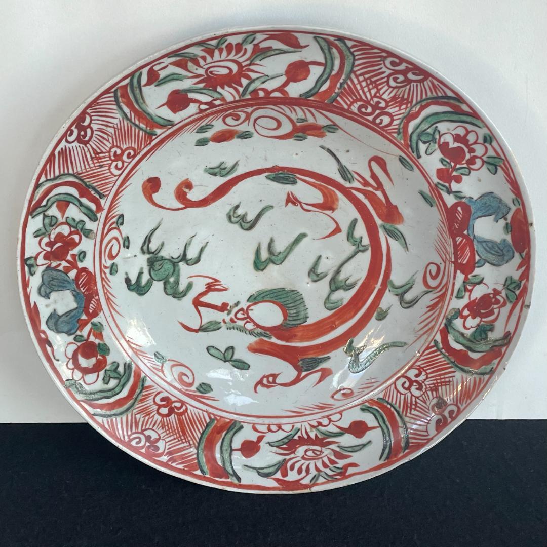 中国古玩 明時代 紅緑彩 呉須赤絵 大皿 唐物 龍草花文 美術 工芸品 27cm