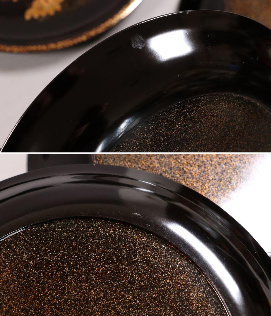 MA220 時代漆器 松竹梅鶴金蒔絵 縁唐草 黒塗 大徳寺盆 五客 菓子盆 木皿