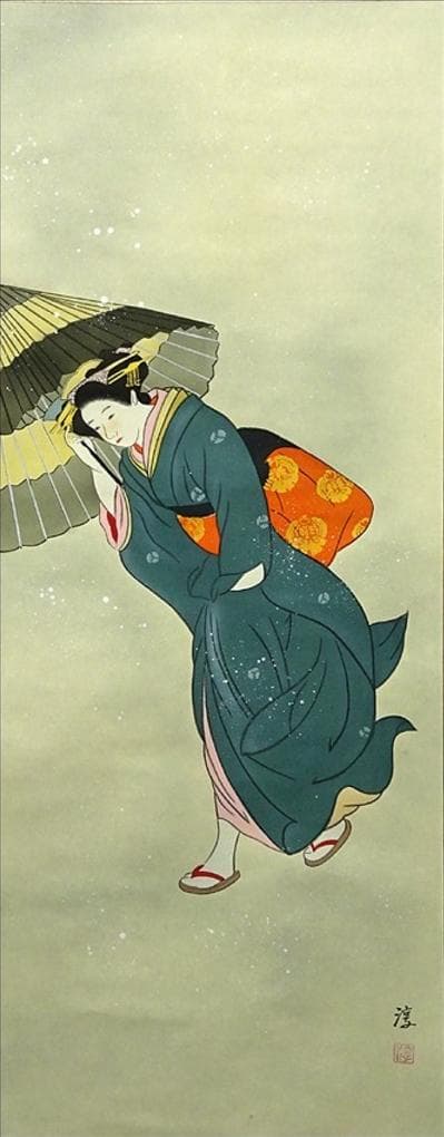 掛軸 淳『美人図 冬』日本画 絹本 肉筆 共箱付 掛け軸 w05275