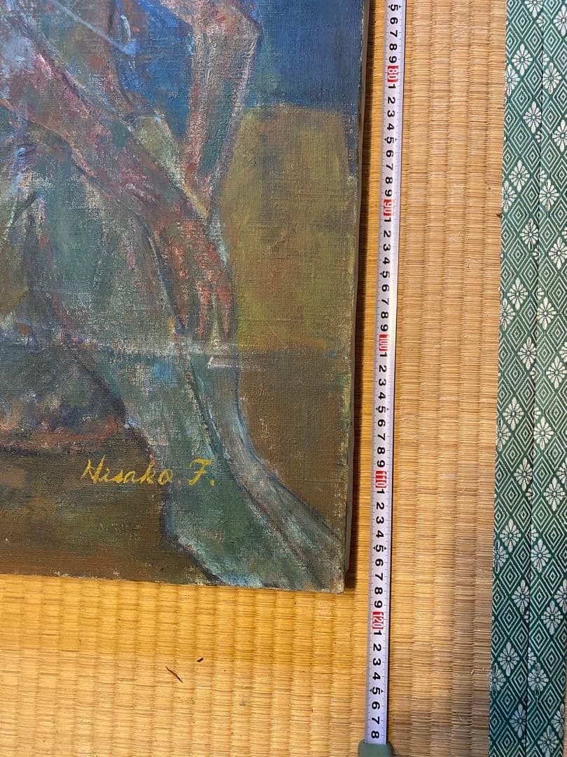 アクリル抽象画 オレンジと青のスプラッター 約73cm x 118cm