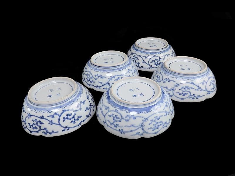 古伊万里　染付　花に獅子の図　膾皿 ５客　江戸期　B073AS-CKj