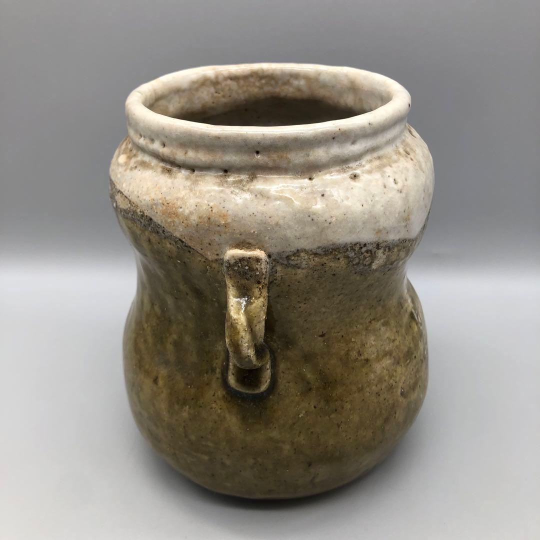 緑褐色壺型耳付き双耳陶器花入れ花瓶フラワーベース伝統工芸アンティーク骨董置物