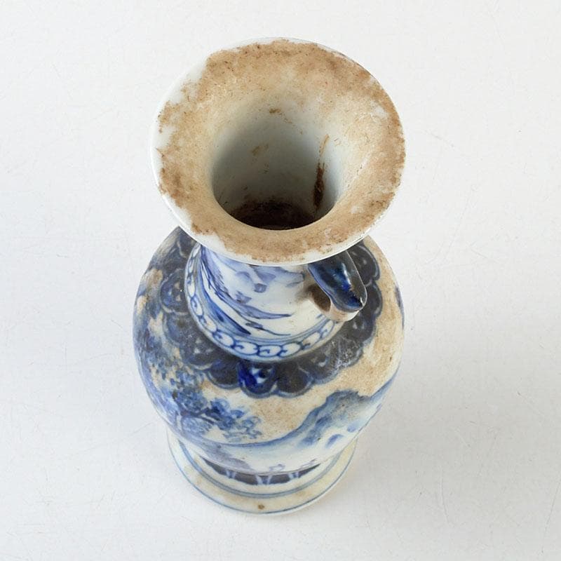 高橋道八 (華中亭道八) 作　染付　山水人物文　双耳瓶　花瓶　C　9387