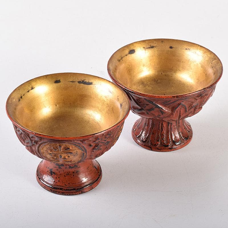 根来塗　朱塗　金彩　紅葉刻　漢詩刻　杯　一對　時代箱付　F　R8032