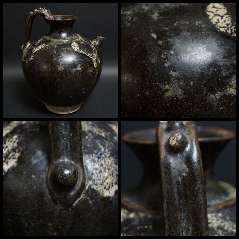 唐 黄道窯 黒釉白斑水注 湯瓶 土瓶 湯沸 唐物 木製箱付★時代物★希少品