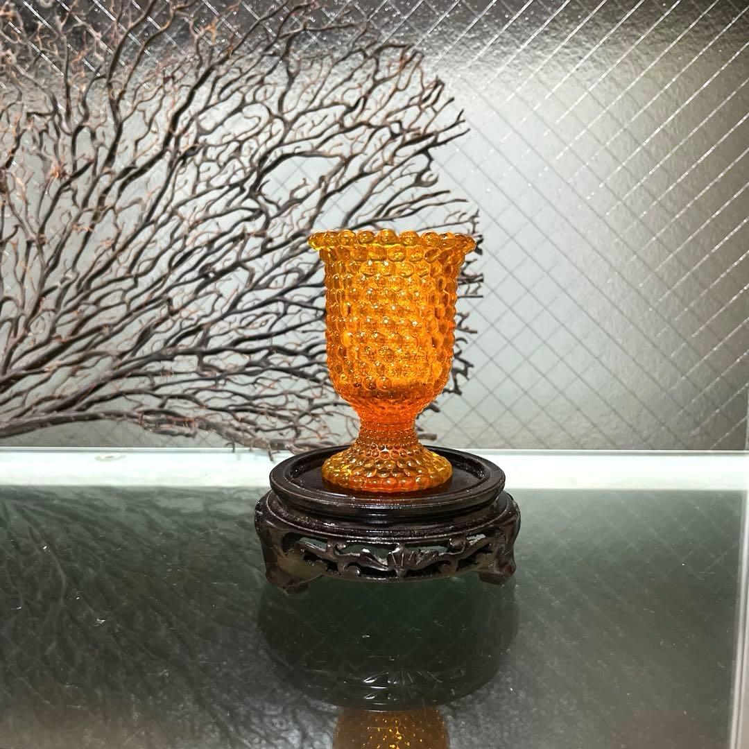 骨董　時代ガラス　希少　橙色　黄色暈し　霰プレス　あられ　氷コップ　ウラン １客