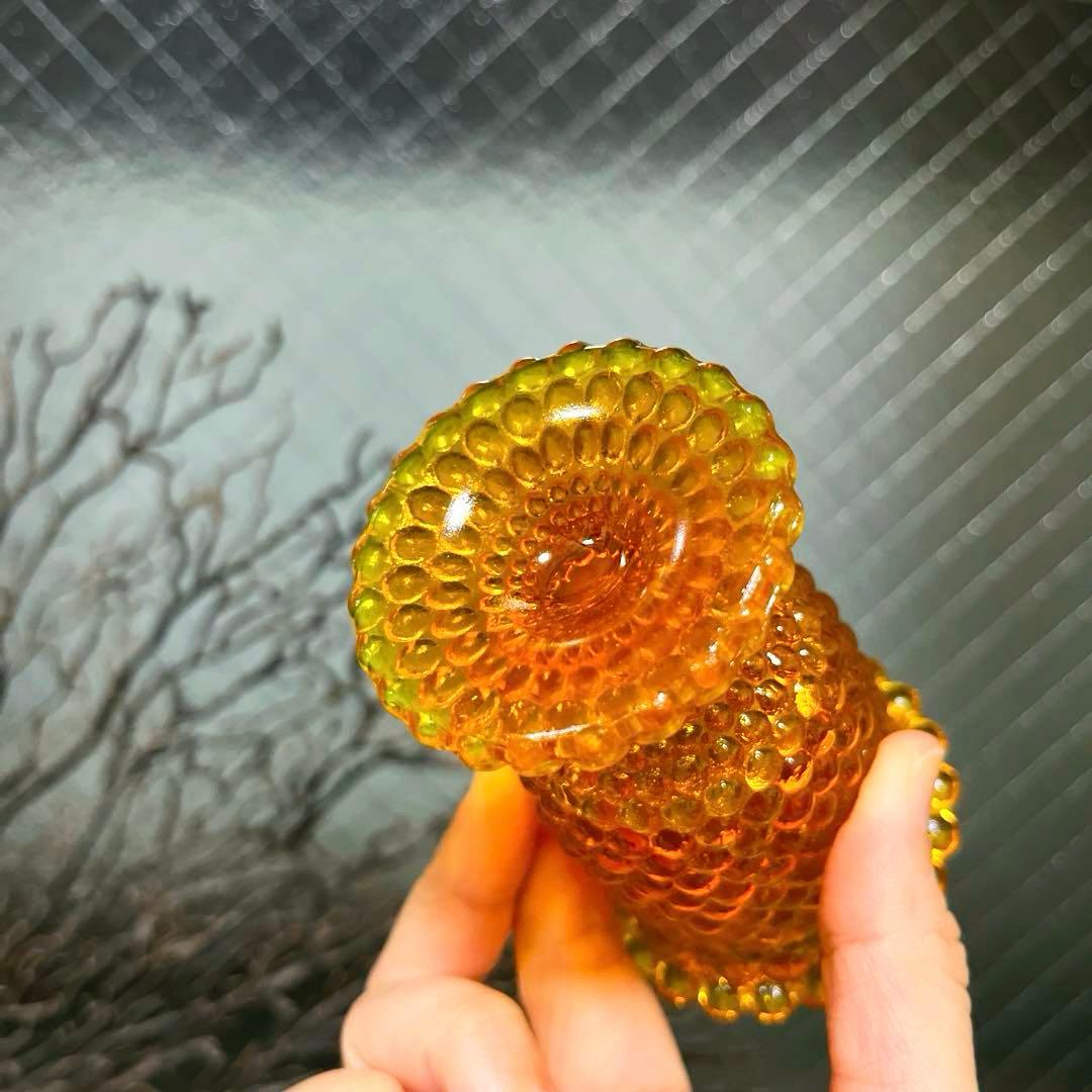 骨董　時代ガラス　希少　橙色　黄色暈し　霰プレス　あられ　氷コップ　ウラン １客