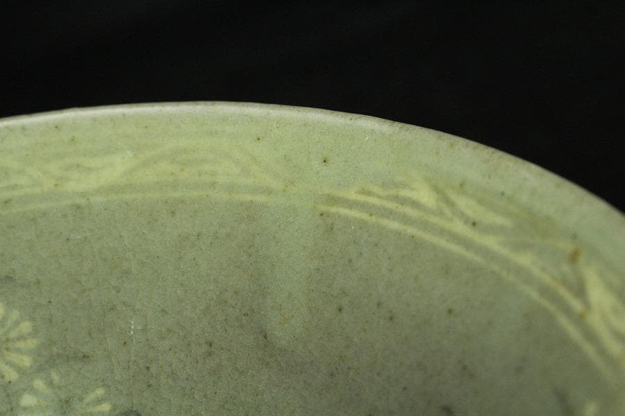 高麗 草花象嵌 青磁 茶碗 時代 茶道具(K-A990)