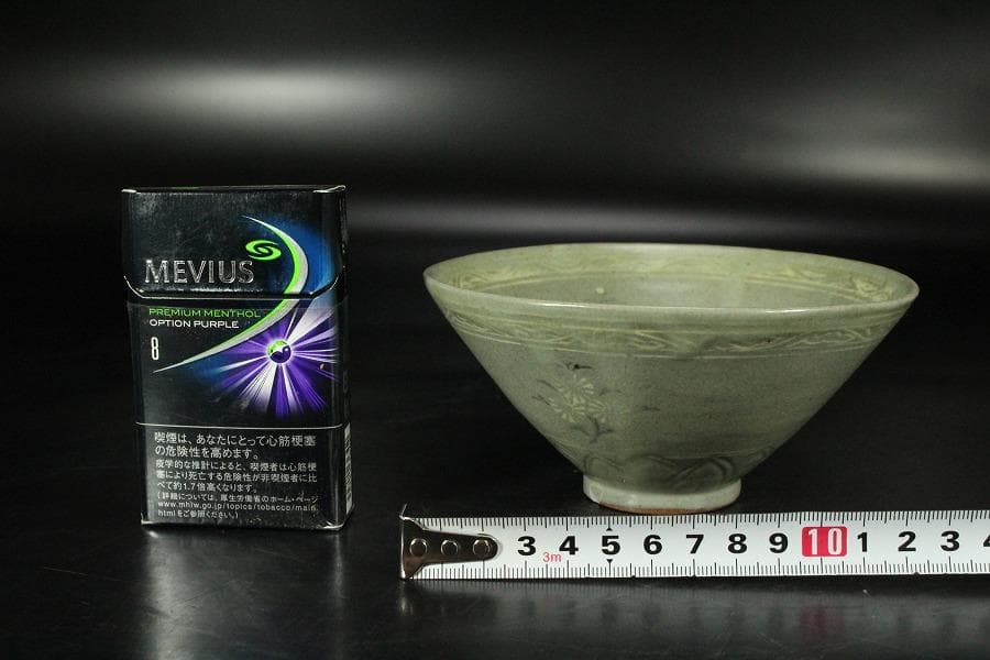 高麗 草花象嵌 青磁 茶碗 時代 茶道具(K-A990)