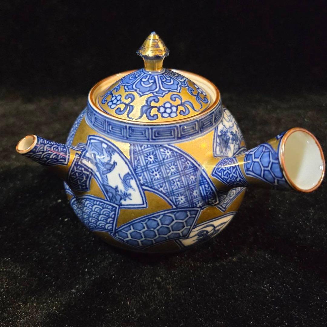 平安　清昌造　急須　共箱　急須　煎茶　宝瓶　京焼　陶器製 金地染付扇面図