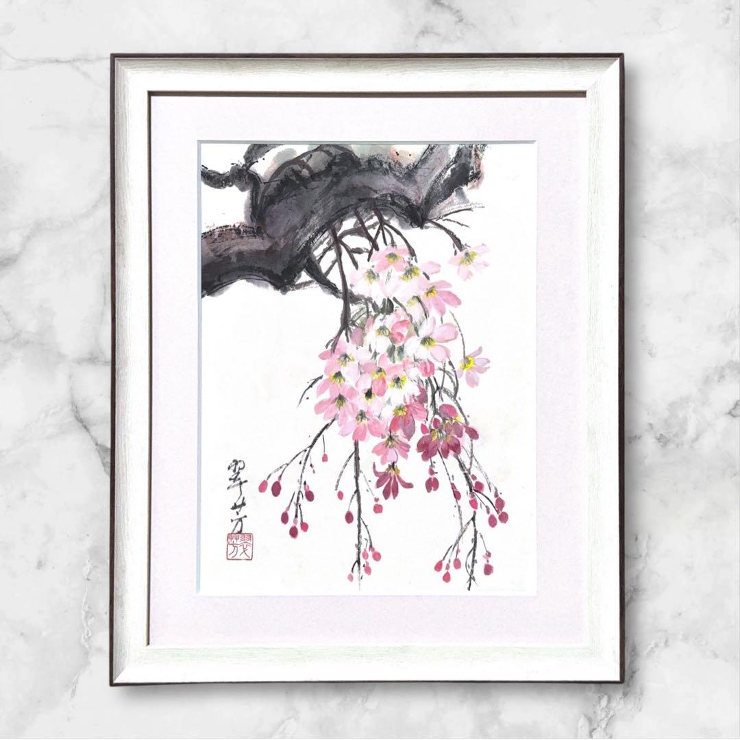 【古口翠芳/Suihou Koguchi】墨彩画　枝垂れ桜　木製額縁付き