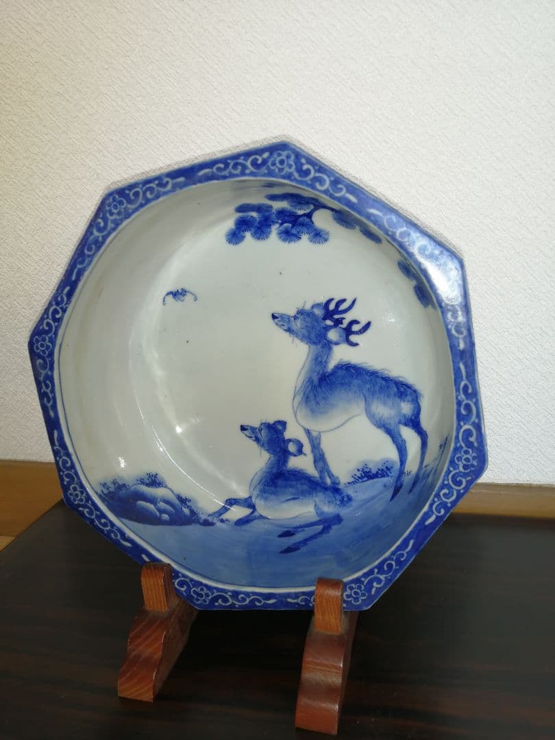⑰古伊万里染付八角の鉢　鹿とコウモリの図　美品
