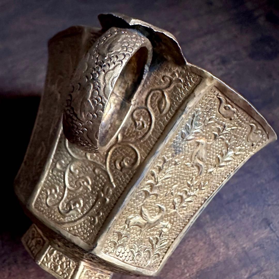 【希少】　唐時代　八角杯銅鍍金　鳥模様紋　取手付き杯　唐物　中国美術