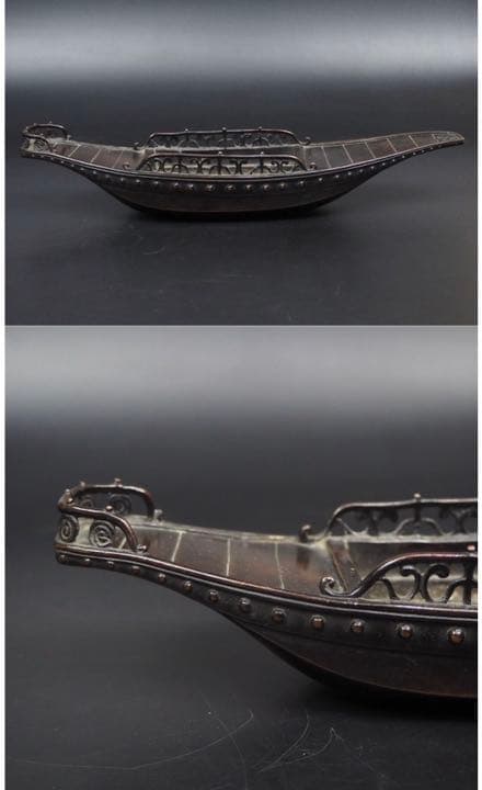 送料無料　大珍品　古銅造舟形筆洗/水盤『和寧堂製』款　長さ約29ｃｍ