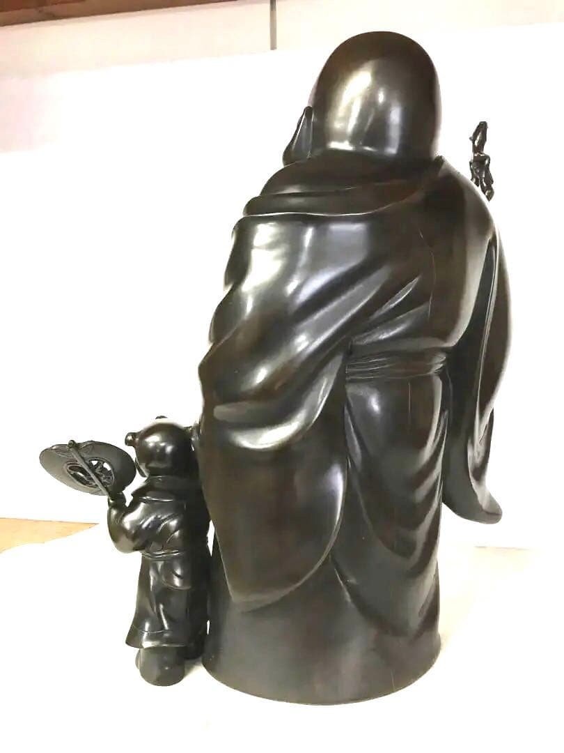 銅製:１尺3寸布袋唐子同行図置物