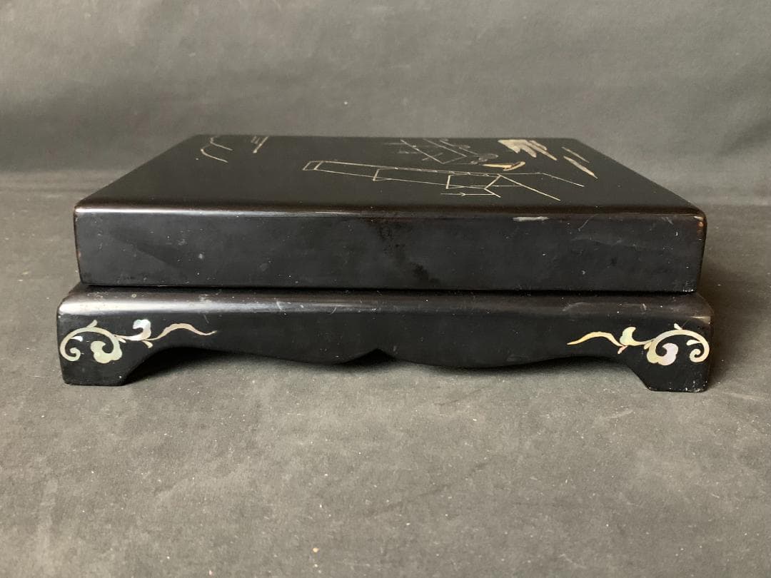 青貝 螺鈿細工 橋風景図 木製 黒塗 文庫 硯箱 書道具 866