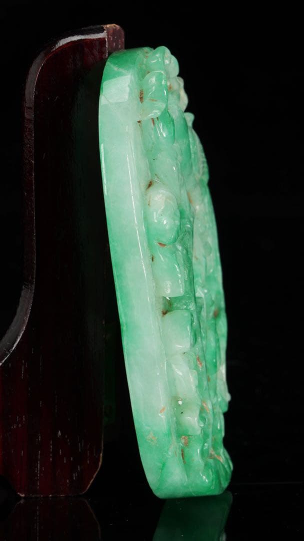 極上翡翠 花鳥文牌 透彫 玉石彫刻 ヒスイ 天然ジェイダイト 木箱付 古美術品
