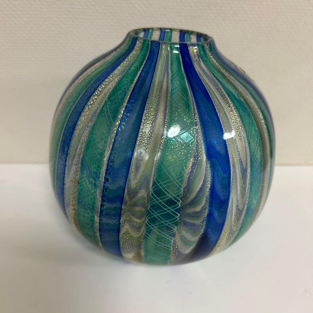月夜野工房　TSUKIYONOガラス製花瓶　レース　ストライプ　金彩　吹きガラス