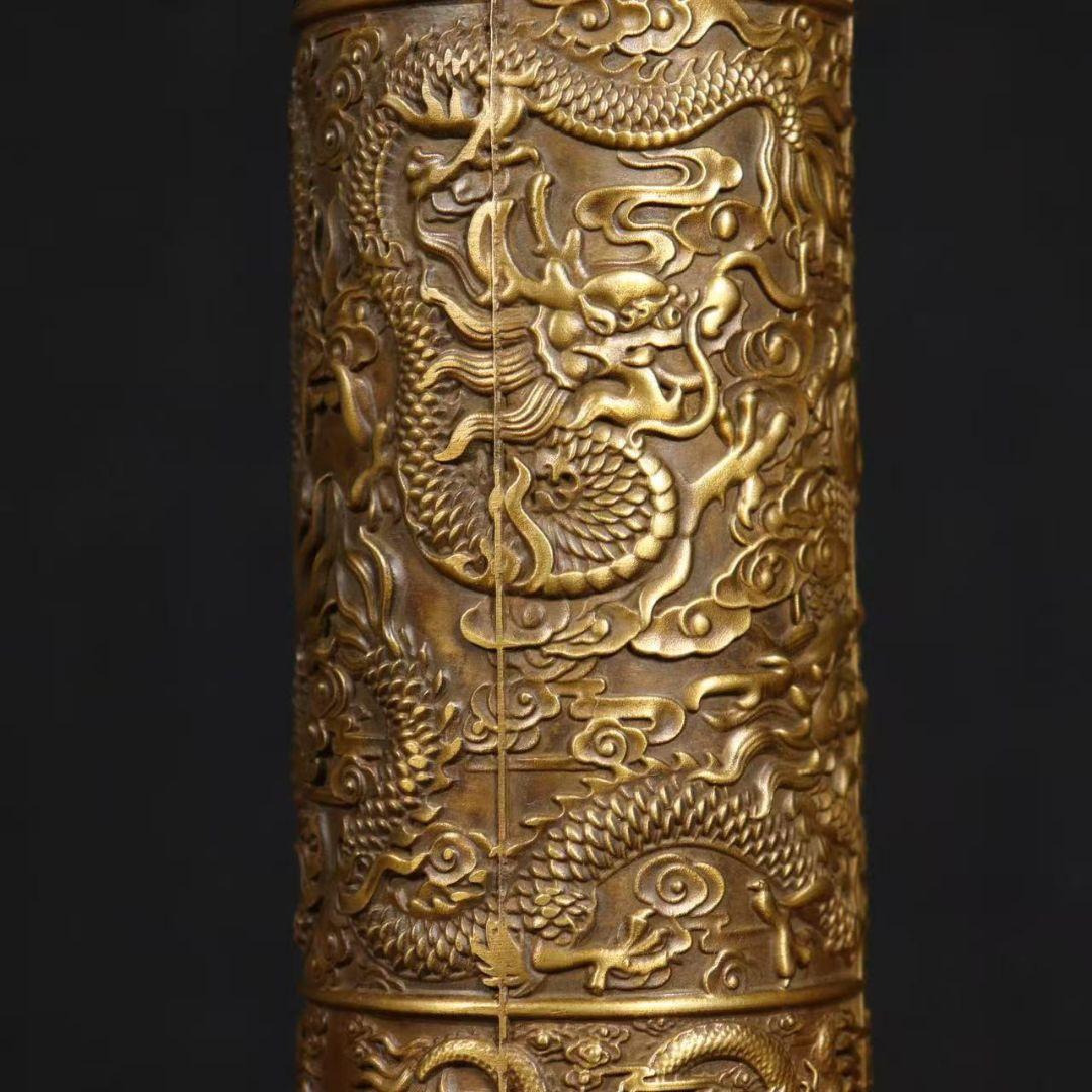 銅 細工 レリーフ九龍香筒 客間 室内 仏堂 香道具 装飾品 工芸品 置物