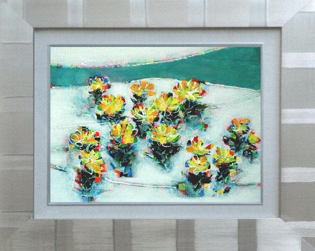 油絵 菅家令子 絵画インテリア額付(青緑＋金色の枠)F4-091416 福寿草