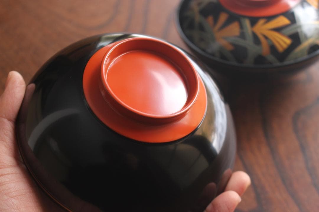 デッドストック！極上ススキ文に優美な内銀雁蒔絵の大椀2点（検輪島塗蒔絵椀雑煮椀