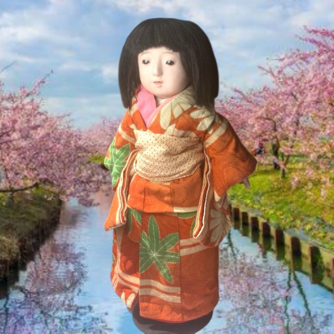 市松人形 石黒人形店 大正 ガラス目 3つ折れ 抱き人形 縮緬着物 1912年~