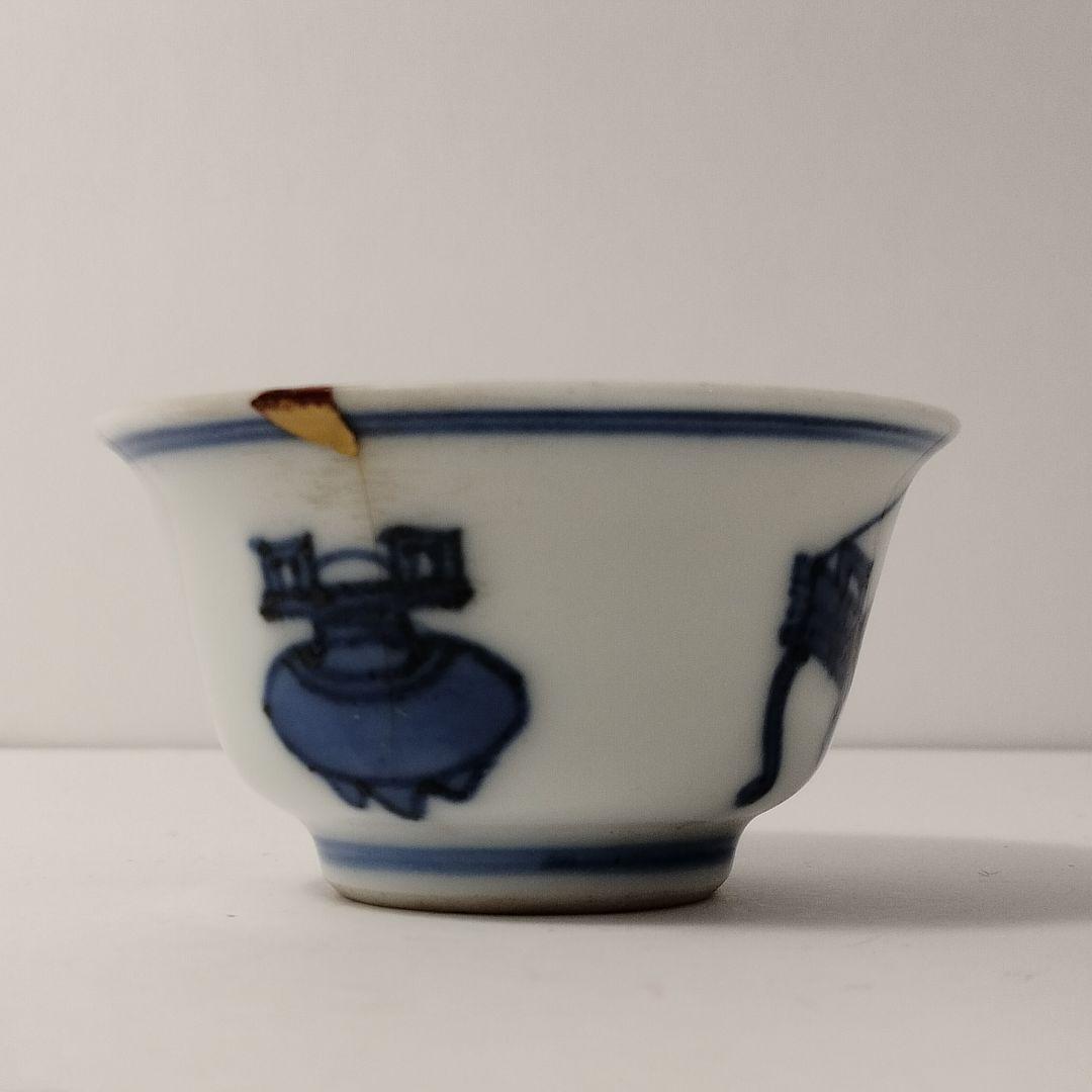 M184-5　古伊万里古染付 時代煎茶碗 五客 在銘印有 中国香道具図 唐物　D