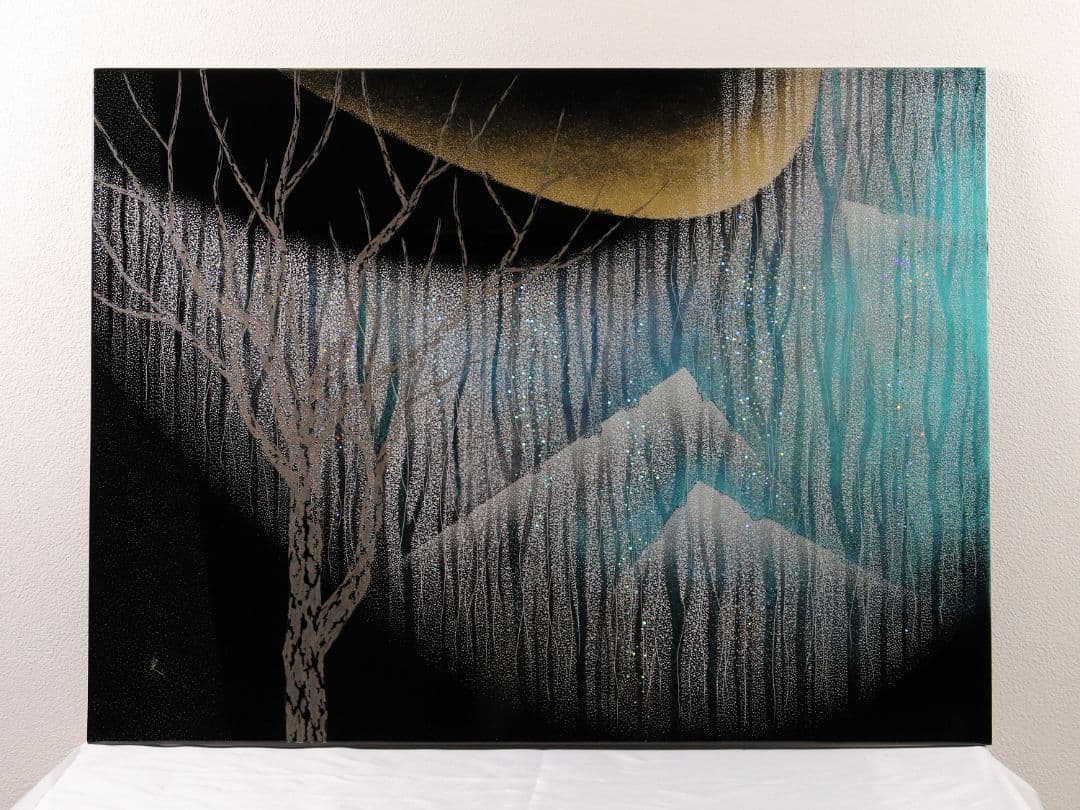 【真作】漆芸画 新木光「月夜の詩」輪島市美術展出品 額装 12号 沈金銀M865