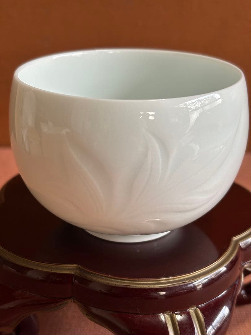 有田白磁名工初代奥川忠右衛門作白磁陽刻茶器揃茶碗五客急須　未使用　共箱