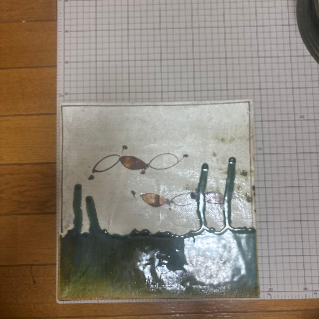 茶道具　陶器 陶板、水差し セット手描き 魚のモチーフ