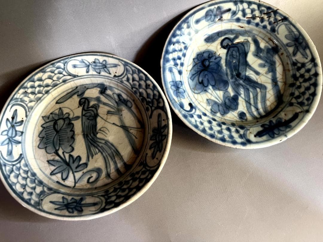 皿■呉須手 南京染付 明時代末期～清時代初期（17世紀頃）砂高台 2枚 青華■