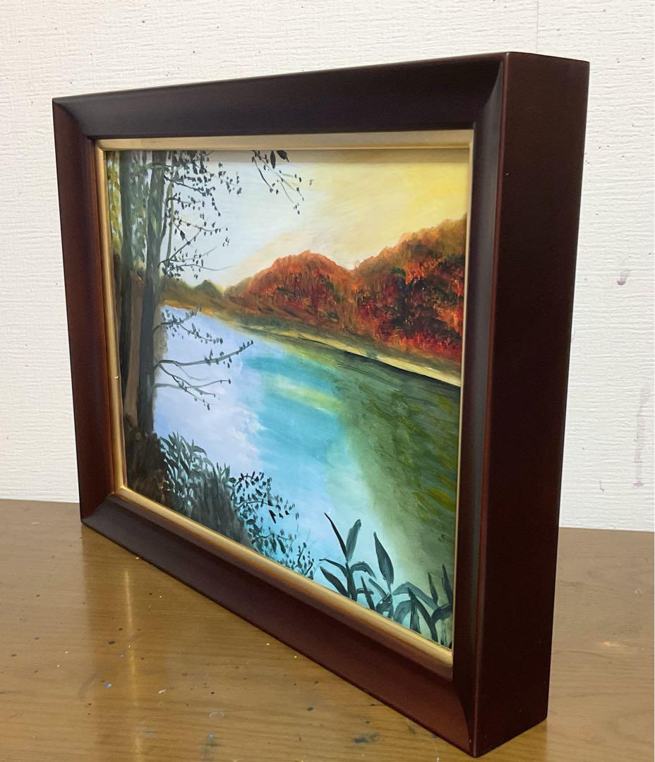 油彩画　「　晩秋の湖畔　」　原画　額付　F4号