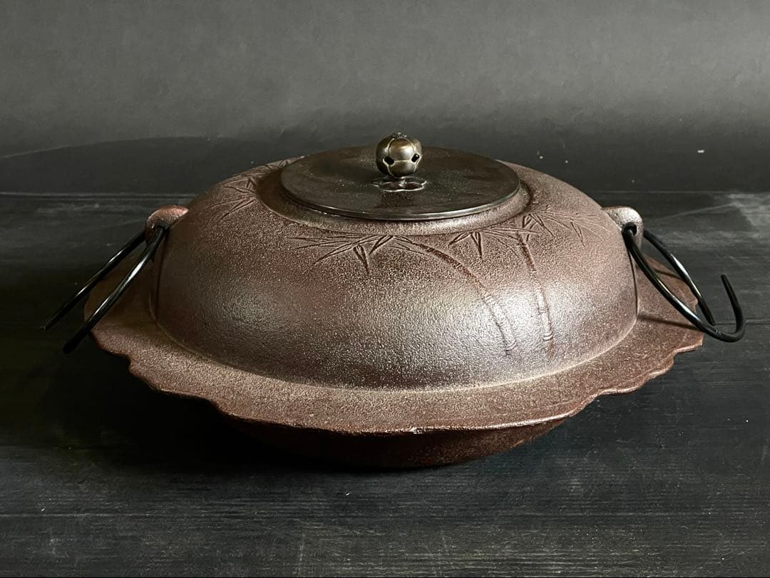 『母』 竹地紋 透木釜 釜師 高橋 敬典 共箱 釜鐶 炉釜 茶道具(212あ③)