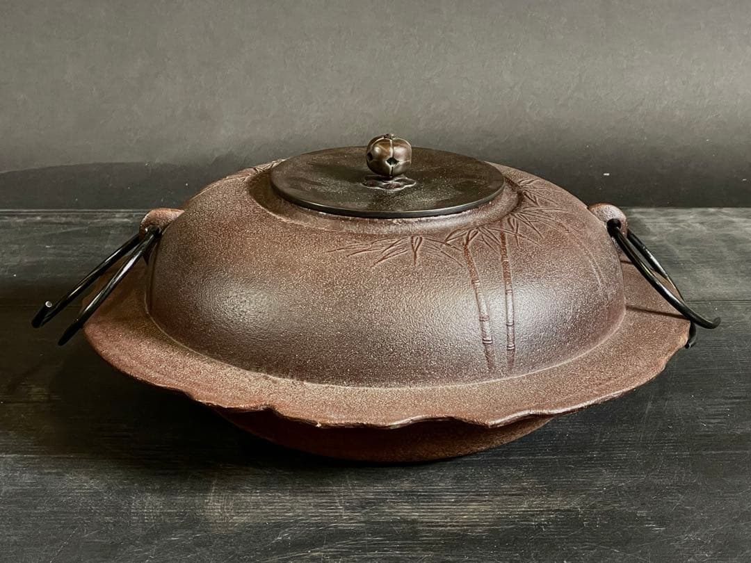 『母』 竹地紋 透木釜 釜師 高橋 敬典 共箱 釜鐶 炉釜 茶道具(212あ③)