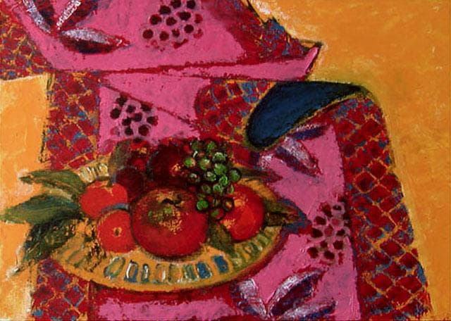 油絵菅家令子絵 絵画インテリア 額付(青緑＋金色の枠)uF6-113902 果物