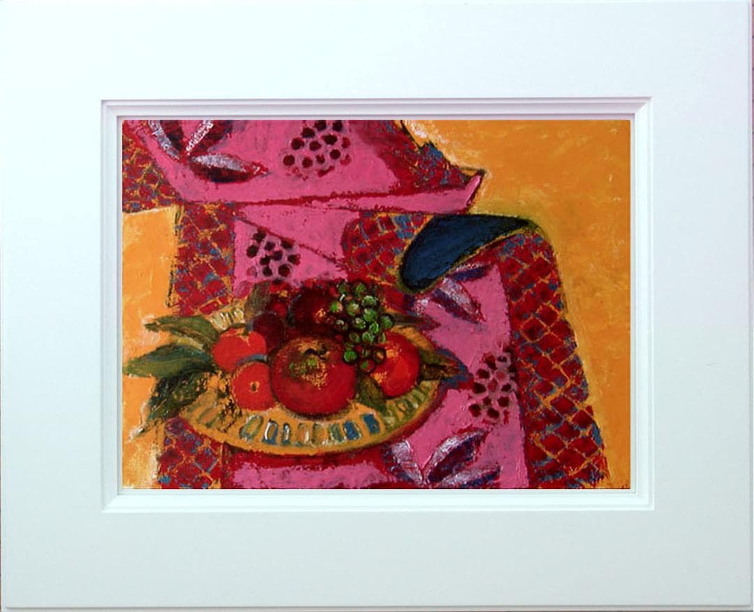 油絵菅家令子絵 絵画インテリア 額付(青緑＋金色の枠)uF6-113902 果物