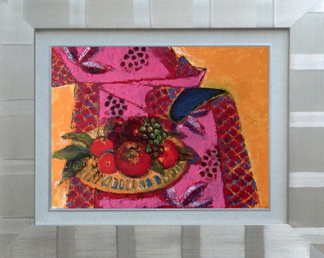 油絵菅家令子絵 絵画インテリア 額付(青緑＋金色の枠)uF6-113902 果物