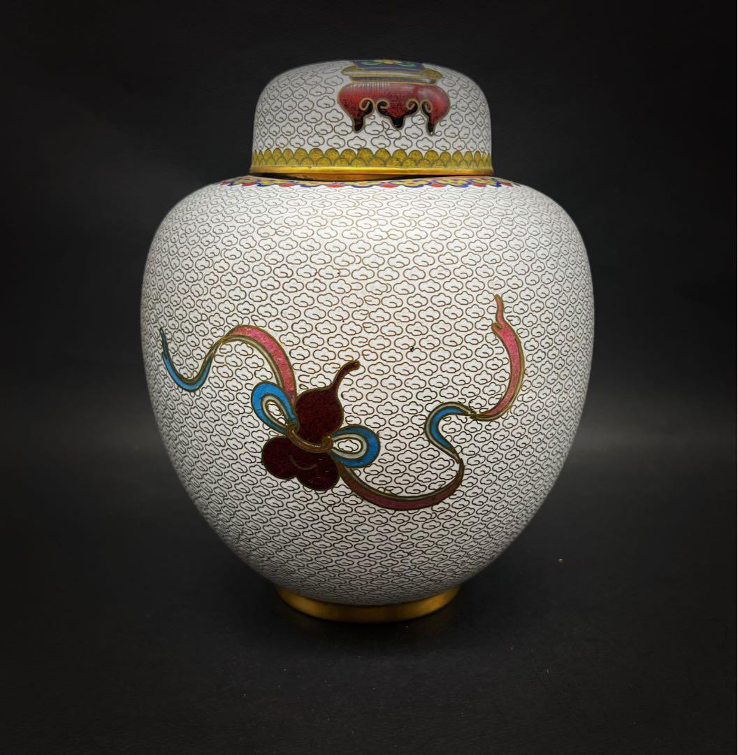 中國美術 古玩 景泰藍 七宝焼 超大博古紋茶入 茶筒 茶道具 高さ20.5cm