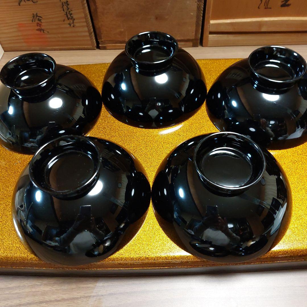 輪島黒塗金銀麦頭蒔絵椀五