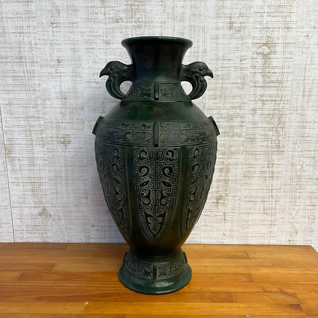 【アンティーク】高岡銅器 渋谷鳳州 饕餮紋 鷹耳付 壷 花器 青銅 古道具