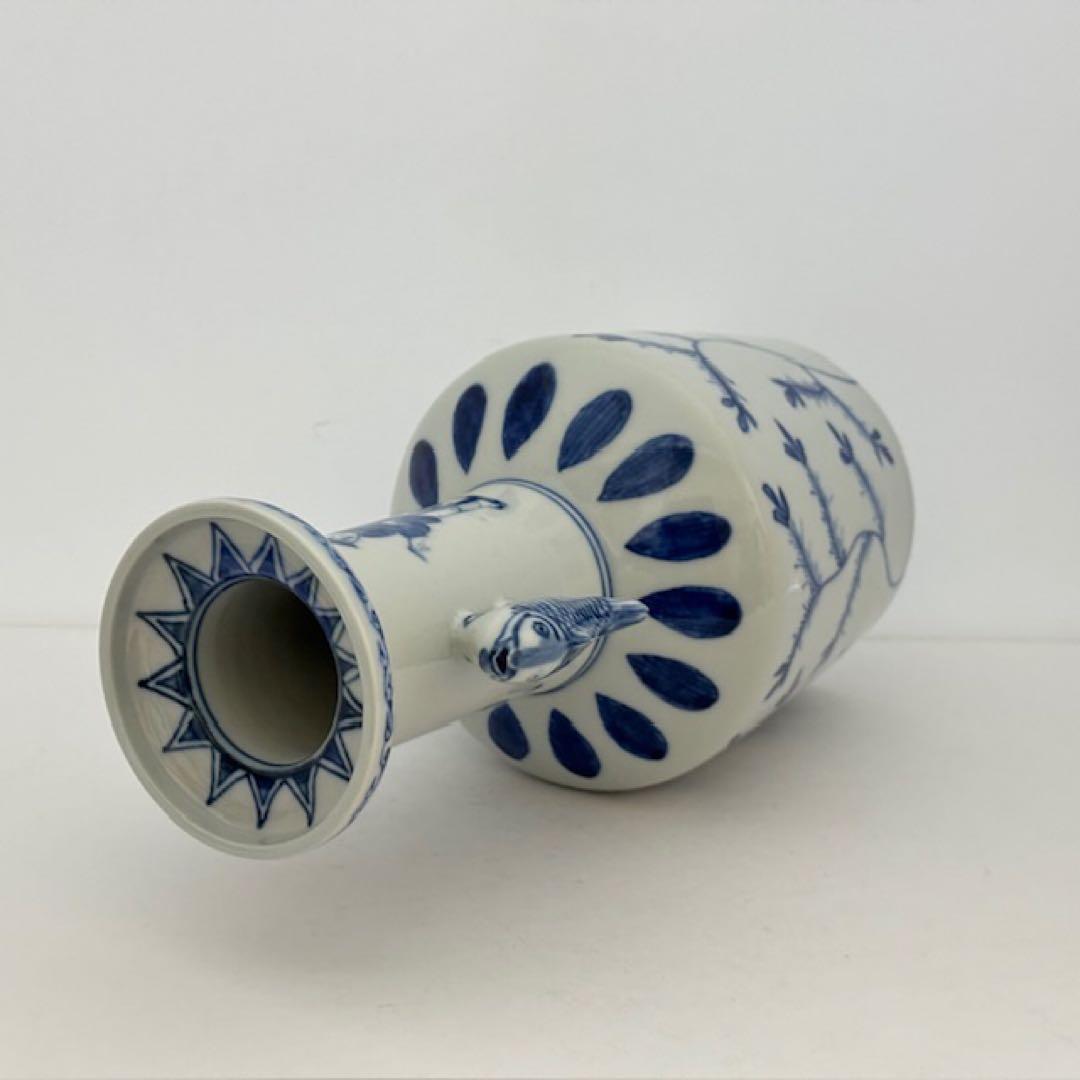 茶道具 九谷 晴山 染付高砂花入 鯉耳 共箱 茶道