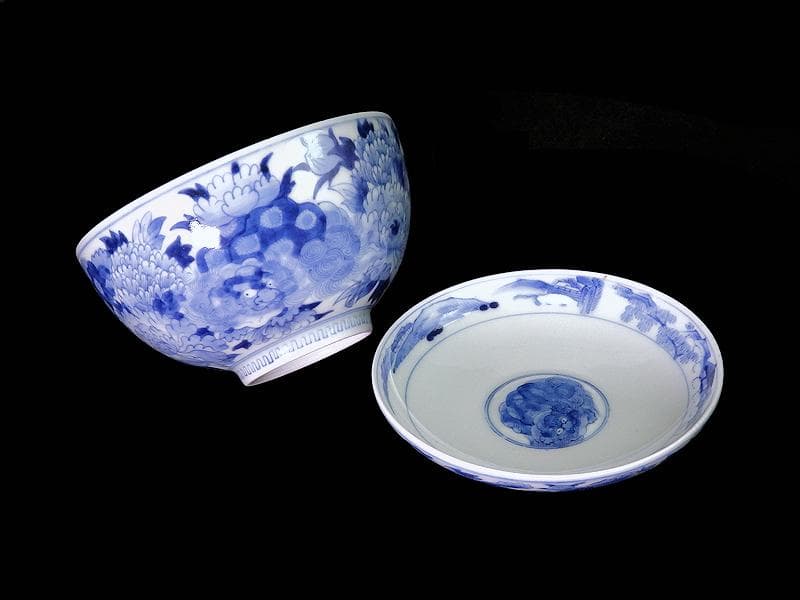 平戸　染付　唐獅子牡丹の図　蓋茶碗　E863AS-COz