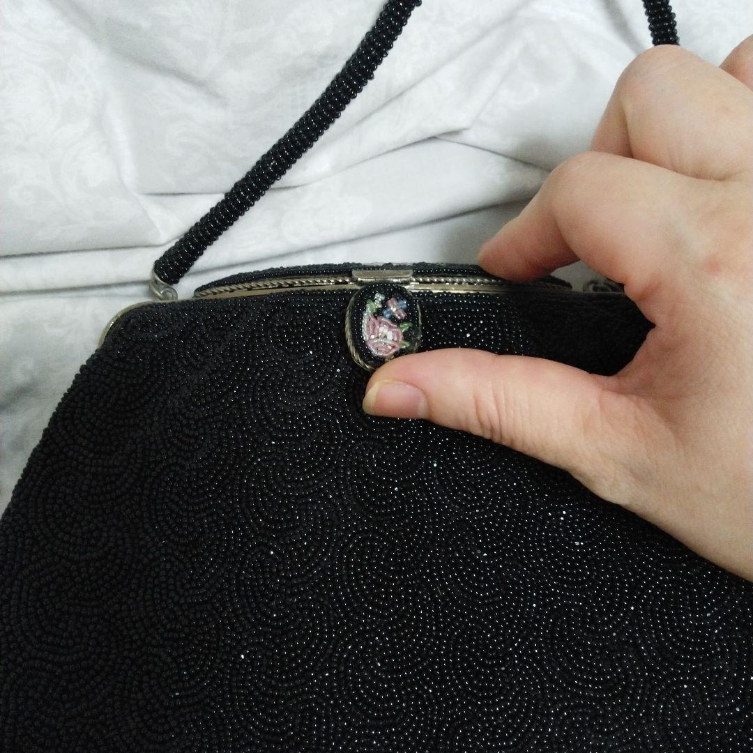 中古　レトロ　ビーズ　バック　インテリア　鏡有　ビーズ解れ有　クラッチ　タイプ