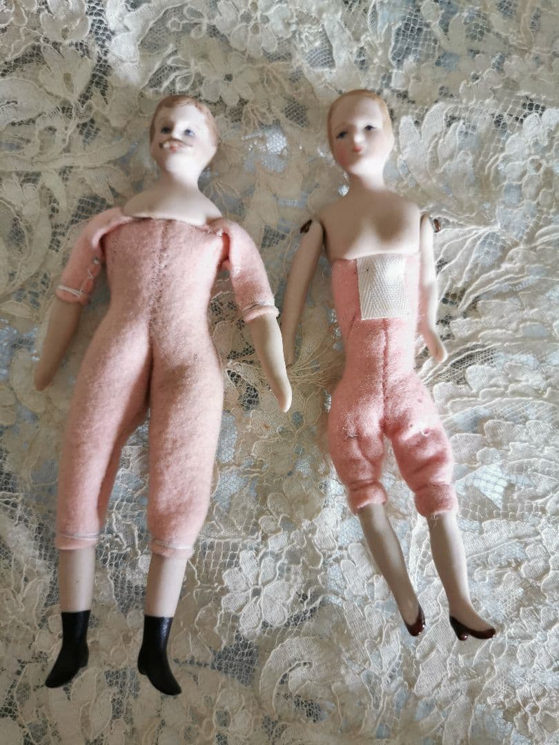 アンティーク チャイナヘッドドール ふっくらピンクフェルト ペア 夫婦 カップル