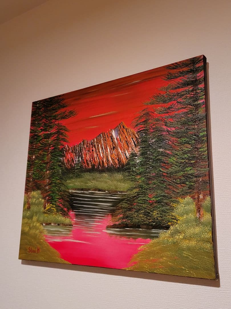 油彩画 自然の風景 赤い空と緑の木々