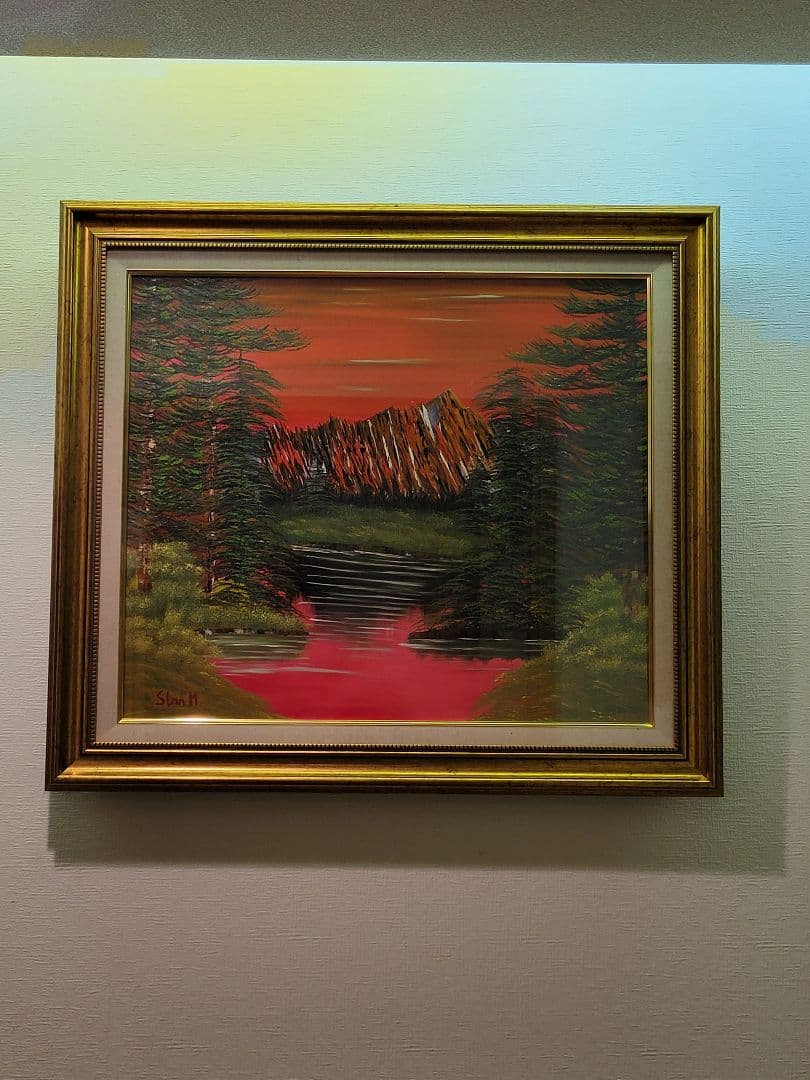 油彩画 自然の風景 赤い空と緑の木々