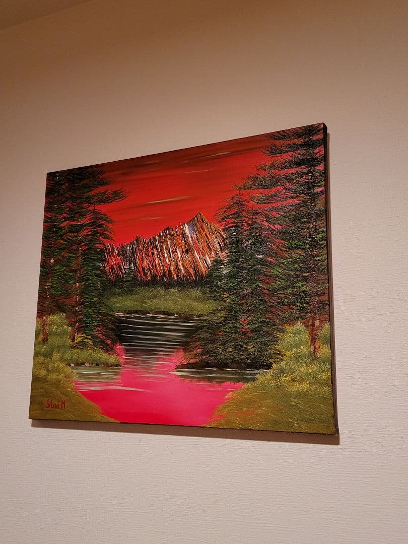 油彩画 自然の風景 赤い空と緑の木々