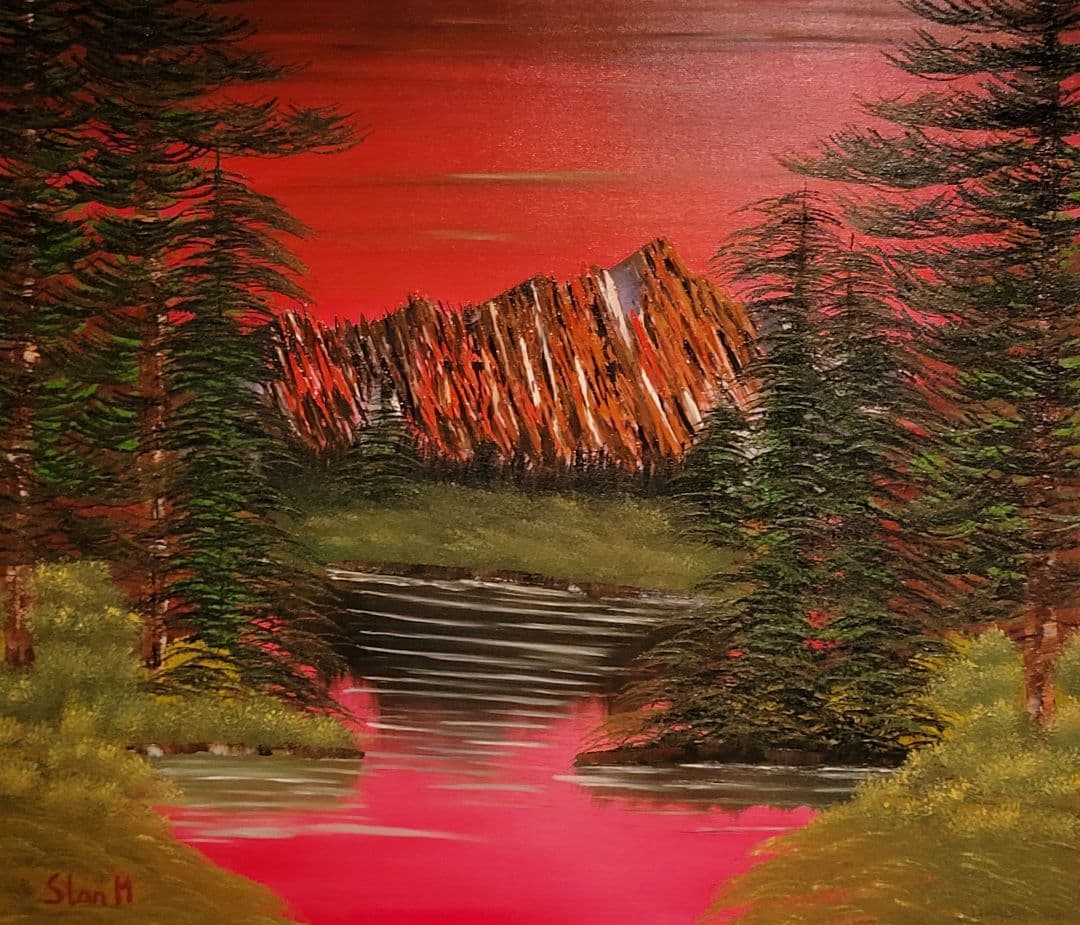 油彩画 自然の風景 赤い空と緑の木々