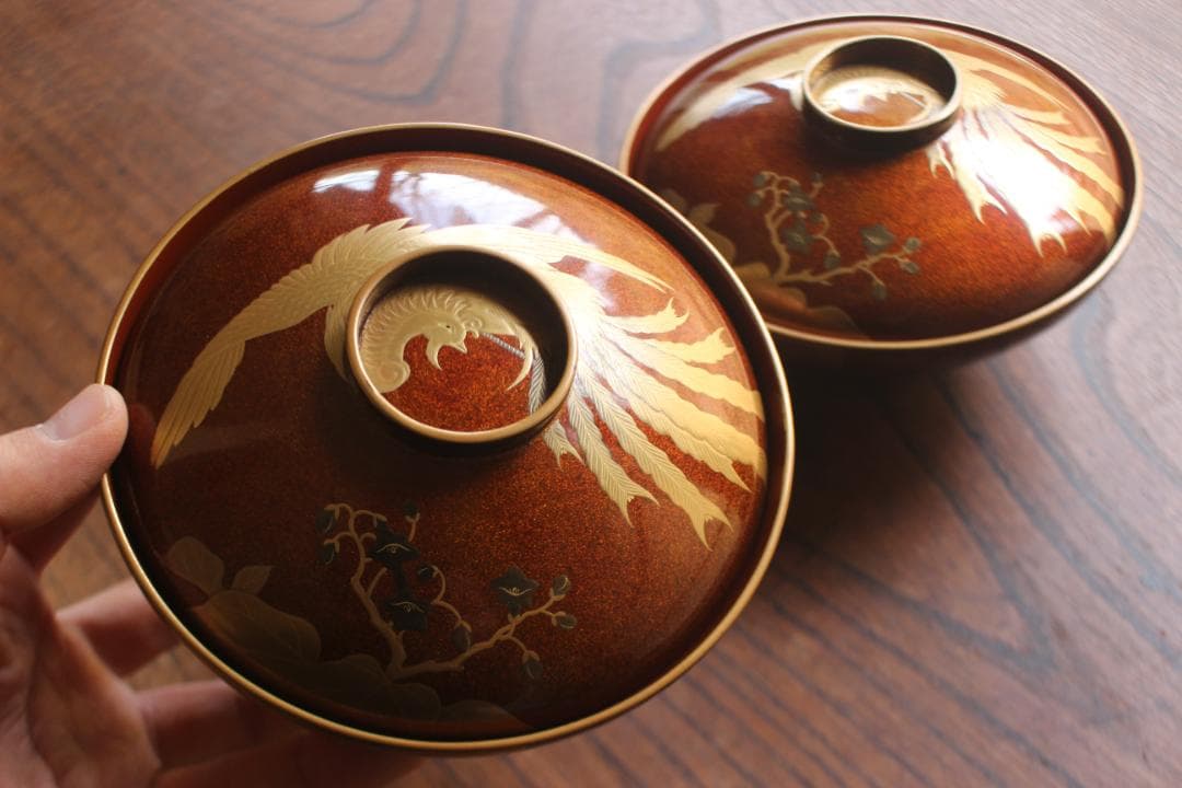 デッドストック！極上内朱梨地に優美な鳳凰蒔絵の映えるお椀2点（検輪島塗雑煮椀